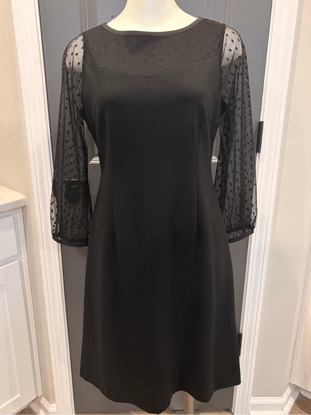 NWT Talbots Black A-line Knee Length Cocktail Dress with Sheer Sleeves- Size 6P